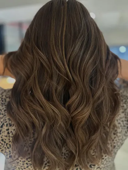 This classic honey and caramel blend on a mocha brown base is a timeless look. I added a soft layers haircut to give this mid-length style beautiful movement.