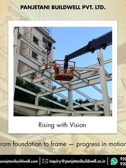 Rising with vision, from foundation to frame. This image captures our progress in motion at the 78,502 sq. ft. DLF project site, with workers safely harnessed while assembling the upper levels of the steel structure.