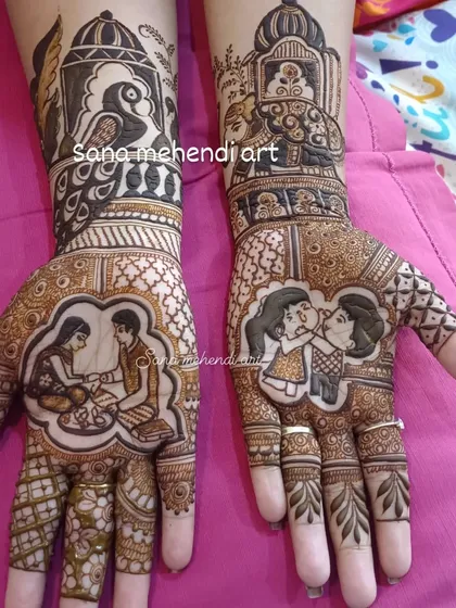 For Raksha Bandhan, I can create truly personal designs that celebrate the bond between siblings. This custom piece features portraits of a brother and sister, along with other festive elements like peacocks and architectural motifs.