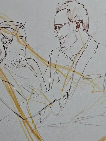 A sketch for a commissioned portrait of a couple, capturing a moment of shared joy. My goal is to convey the relationship between the subjects, not just their physical appearance.
