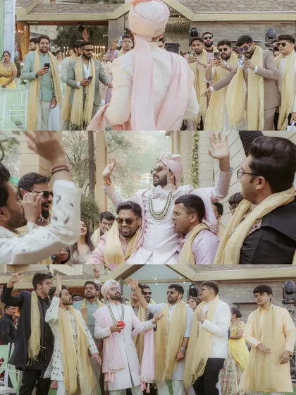 The groom's grand entry with his baraat. This collage captures the dancing, the energy, and the celebratory mood of the procession at a beautiful hill station wedding.
