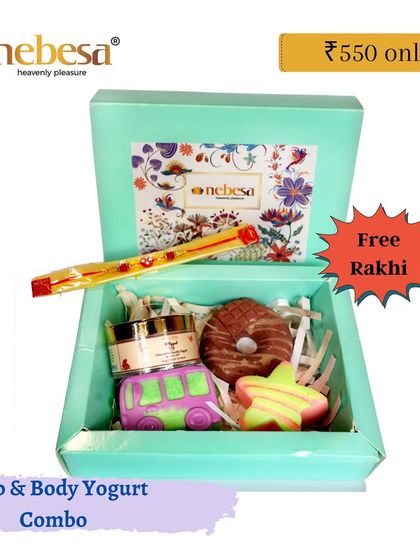 This is a fun and affordable Rakhi hamper designed for kids or the young at heart. It features my playful donut and bus-shaped soaps along with a jar of body yogurt, making bath time more exciting.