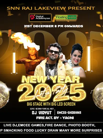 An example of the major events I'm booked for, like this New Year's Eve 2025 bash. My services for such nights include a live audio-visual DJ set, coordination with emcees, fire dancers, and ensuring the energy is high for the countdown and beyond.