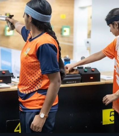 Teamwork and individual focus go hand in hand. Two of our female pistol shooters practice side-by-side, pushing each other to improve with every shot.