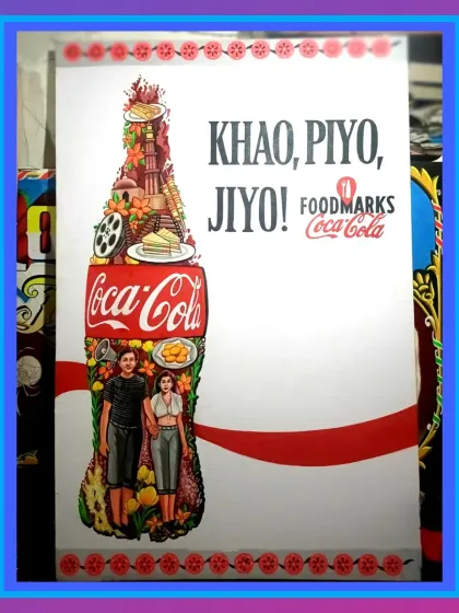 A Coca-Cola poster design where the bottle shape is filled with intricate illustrations of food, landmarks, and people.