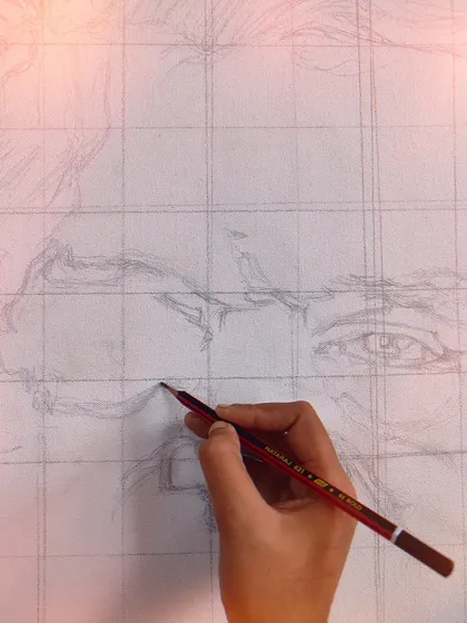 A work in progress shot of a portrait commission, showing the initial grid and pencil sketch on canvas. This is where the quote from Nisargadatta Maharaj, "I am. 'I am this' is not," felt most relevant.