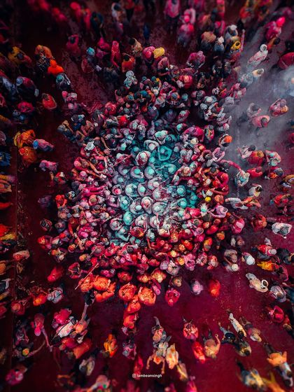 This top-down drone shot of Holi in Vrindavan is one of my signature clicks. It captures the divine chaos and vibrant energy as people come together in a swirling vortex of color and joy.