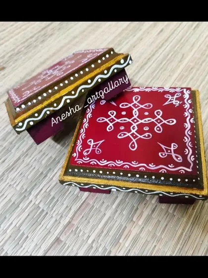These handmade pooja chowkis are perfect for your sacred corner. Crafted from MDF wood, they feature traditional South Indian kolam designs hand painted on a rich red base, making them ideal for festivals or daily rituals.
