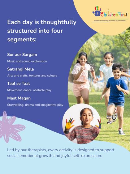 Each day at our camp is thoughtfully structured into four segments: 'Sur aur Sargam' for music, 'Satrangi Mela' for crafts, 'Taal se Taal' for movement, and 'Mast Magan' for storytelling. Every activity is designed to support social-emotional growth.