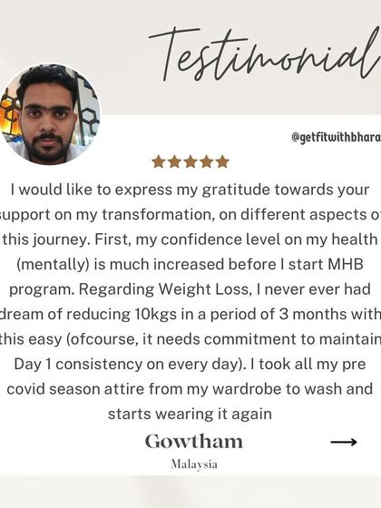 Helping Gowtham dream of and achieve a 10kg loss in 3 months was a pleasure. Seeing clients wear their old clothes again is a huge win.