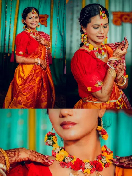 A collage showcasing the bride's beautiful Haldi look, from her floral jewelry to her bright and happy expressions.