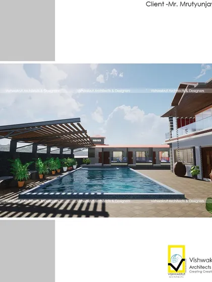 This render shows the pool area with a pergola, offering a shaded relaxation spot. Planning for elements like this is essential for creating a comfortable and usable outdoor space in our climate.