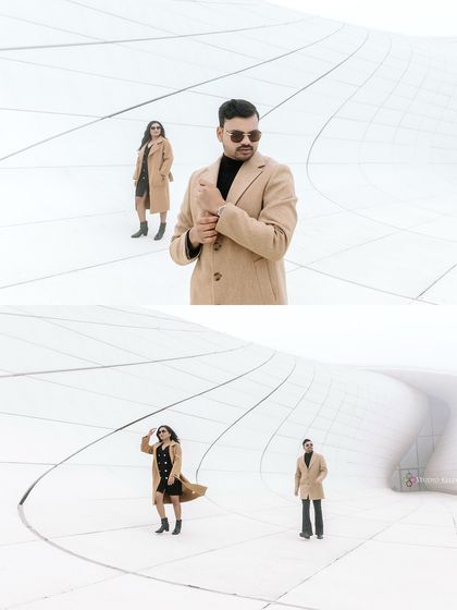 A collage of minimalist portraits set against a vast white architectural background in Baku. The focus is entirely on the couple's presence and connection in a strikingly modern space.