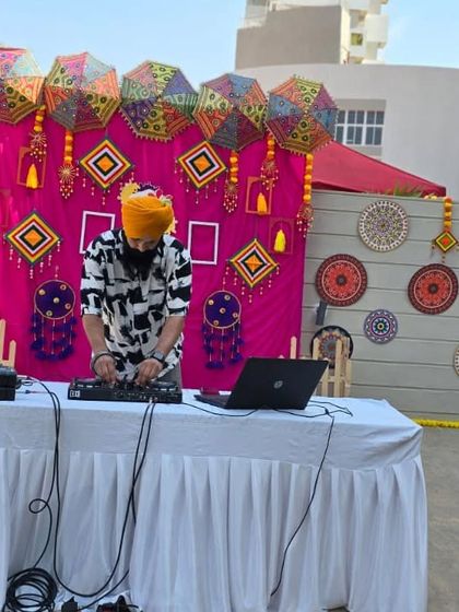 All set up and ready to go for a pre-Holi event. I always arrive early to ensure my equipment is perfectly set up and sound-checked.