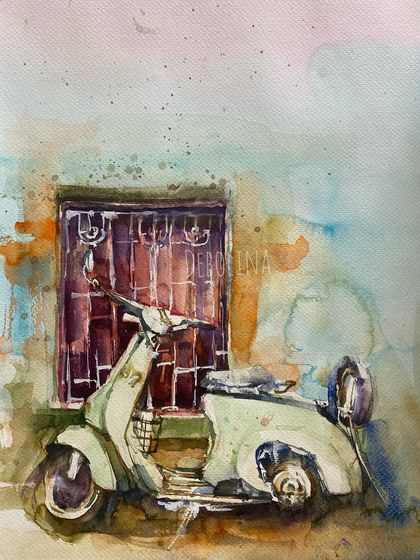 My vintage love will never leave me. This watercolor of an old scooter against a weathered wall is one of those paintings that I did a while ago but still adore.