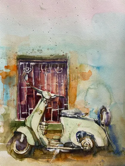 A watercolor painting of a vintage scooter against a rustic wall. My love for all things vintage often finds its way into my art, capturing a sense of timeless style.