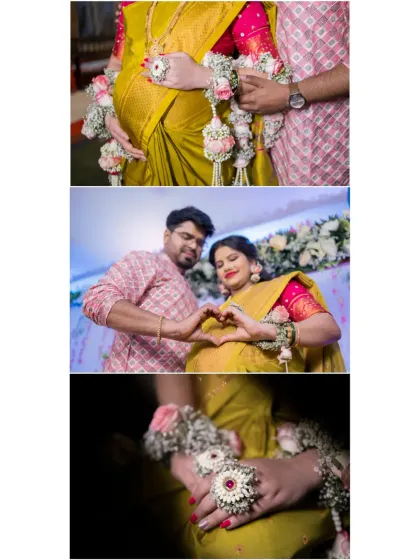 A collage of three images focusing on the details of the maternity celebration. It includes a close-up of hands on the baby bump, the couple making a heart shape with their hands, and a detailed shot of the traditional floral jewelry.