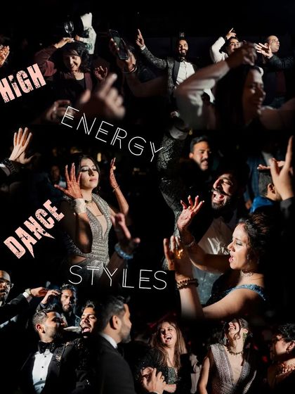 A high-energy collage of the dance floor, with text overlay, showcasing the wild and fun dance styles at the Sangeet.