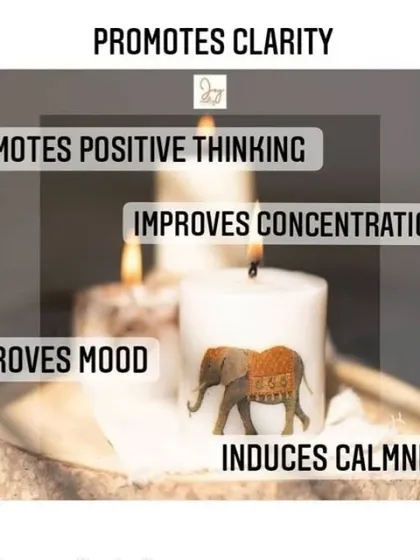 This image from our fragrance guide highlights the benefits of sandalwood, which promotes clarity, positive thinking, and calmness. Our elephant pillar candle is a perfect match for this grounding scent.