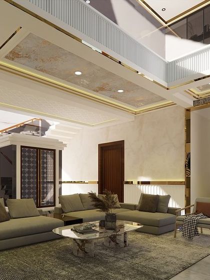 This render shows the view from the seating area towards the entrance, highlighting the double-height space, the elegant staircase, and the seamless flow of the open-plan design.