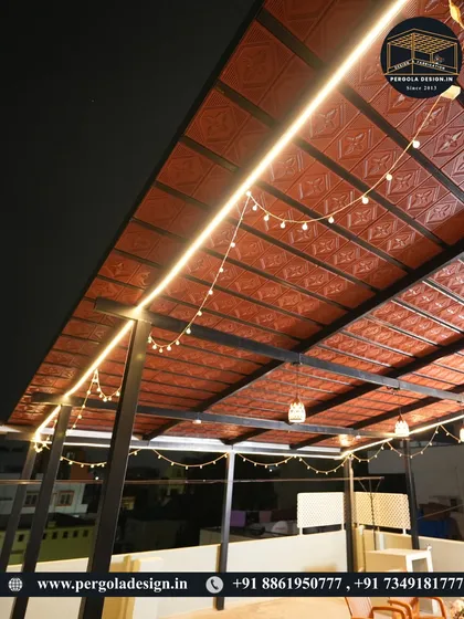 Another angle of the illuminated tiled roof, highlighting the beautiful texture of the tiles and the warm glow of the lighting. This setup is perfect for creating a cozy atmosphere on any terrace.