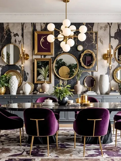 A more dramatic and eclectic take on a purple dining room, with a gallery wall of mirrors and a dark, moody wallpaper.