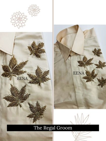 The Regal Groom. This custom shirt features intricate maple leaf embroidery, a subtle yet elegant detail that celebrates heritage in a modern way.