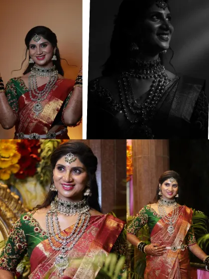 This client looks absolutely stunning in a modern Victorian diamond-finish necklace set for her reception. The intricate design and sparkle add a touch of glamour to her look.