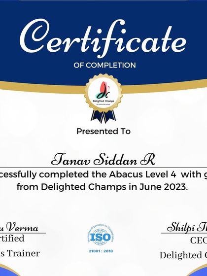 Fantastic work by Tanav Siddan R. on completing Abacus Level 4 with an outstanding grade A+. Your dedication is truly inspiring.