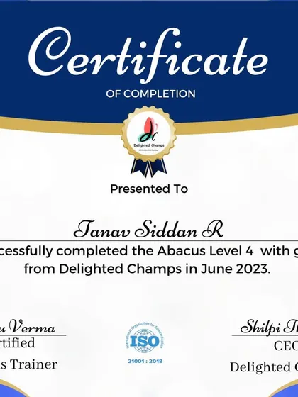 Fantastic work by Tanav Siddan R. on completing Abacus Level 4 with an outstanding grade A+. Your dedication is truly inspiring.