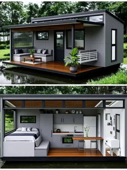 An inspirational design for a robust living prefab tiny house. This concept shows a compact home with a large outdoor deck, a Murphy bed to save space, and a fully functional kitchen, all floating on water.