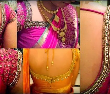 A collage showcasing the variety of blouse back designs we can create. From simple U-necks with tassels to heavily embroidered patterns, we stitch them all.