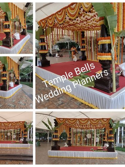 A look at our traditional mandap designs, featuring intricate pillars, lush floral garlands of marigolds and jasmine, and a sacred space for the wedding rituals.
