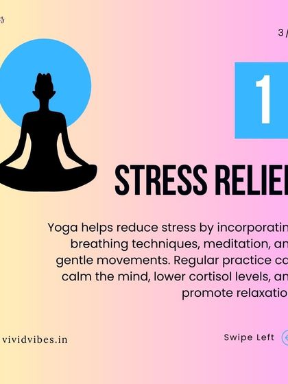 Benefit 1: Stress Relief. Yoga helps lower cortisol levels through breathing techniques, meditation, and gentle movements. Regular practice calms the mind and promotes deep relaxation.