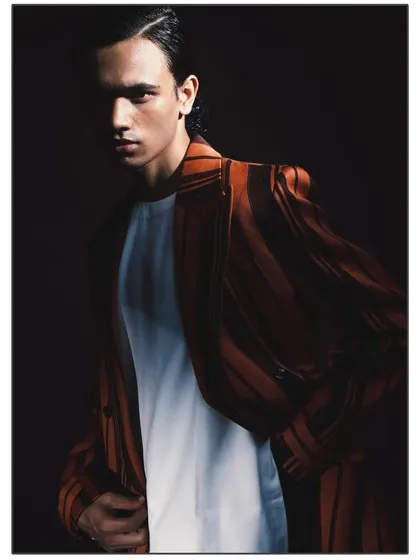 A close-up portrait from 'Silhouette,' where the deep shadows obscure parts of the face. This creates an intense, enigmatic mood, drawing focus to the eyes and the texture of the jacket.