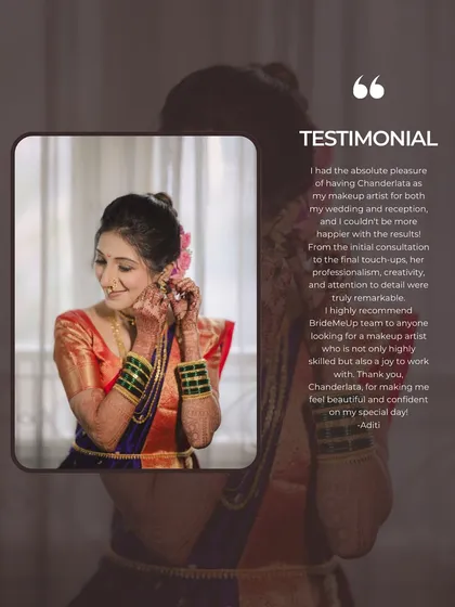 A testimonial from my bride Aditi, who highlights my professionalism, creativity, and attention to detail. Making her feel beautiful and confident was my goal.