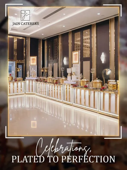We believe in celebrations plated to perfection. This is one of our elegant buffet setups, featuring a modern design with gold accents that adds a touch of luxury to your event.