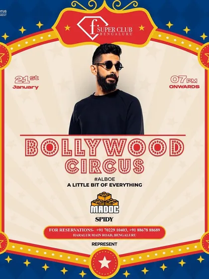 The poster for the 'Bollywood Circus' event, where I shared the lineup with MADOC. My sets are versatile, and I'm just as comfortable dropping Bolly-tech as I am with pure EDM.