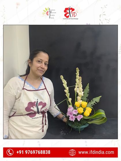 From the first lesson, students work with fresh, beautiful flowers. This piece shows a beginner's grasp of height and texture, using tuberoses and folded leaves to create an elegant design.