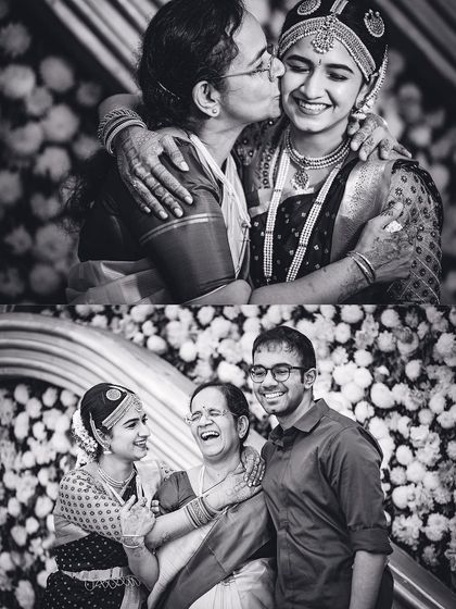 A collage of candid moments at a wedding, showing the bride sharing laughs with her mother and brother. Family connections are at the heart of every celebration.