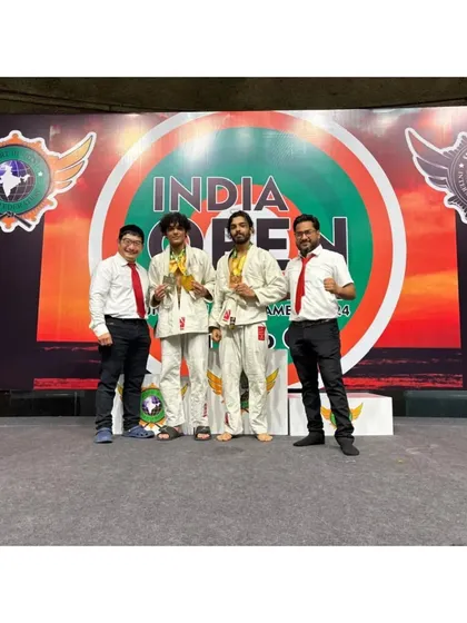 Our team receiving awards at the India Open International Ju-Jitsu Tournament at Talkatora Indoor Stadium.