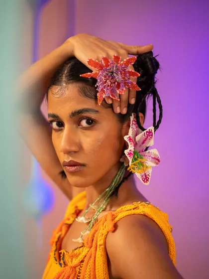 A vibrant portrait from the Ratalove campaign, where I used their floral accessories as hair pieces. This shows my creative approach to styling products beyond their intended use.