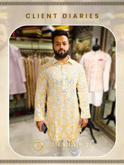 A client dressed for a festive occasion in a bright yellow and white printed kurta. It's a cheerful and stylish look.