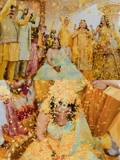 The bride's joyous phoolon ki haldi, where she is showered with petals by her loved ones. These images are vibrant, energetic, and full of happiness.