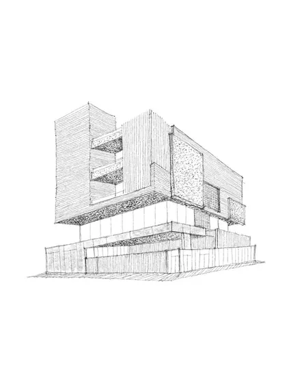Every one of my projects begins with a sketch like this. Drawing by hand is how I first explore the form, texture, and materiality of a building. This initial step is crucial for establishing a clear and legible design vision that we can build upon together.