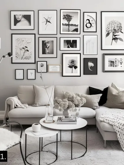 A well-designed gallery wall can define a room. This minimal Scandinavian layout uses a mix of thin black frames and monochrome art to create a clean, balanced, and sophisticated focal point above the sofa, proving that simplicity can make a powerful statement.