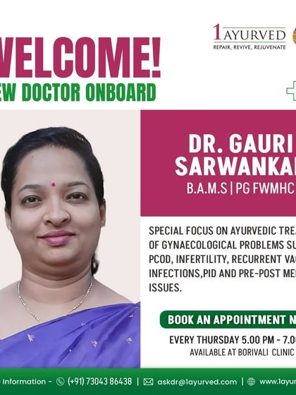 We welcome Dr. Gauri Sarwankar, who has a special focus on the Ayurvedic treatment of gynaecological problems such as PCOD, infertility, and menopausal issues.