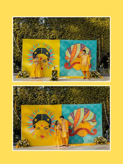The couple poses against a quirky and colorful backdrop, showcasing the fun and personalized decor of their Haldi event.