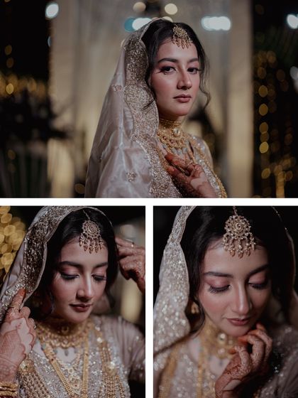 A collage of a Muslim bride's portraits, capturing her serene and beautiful expressions.