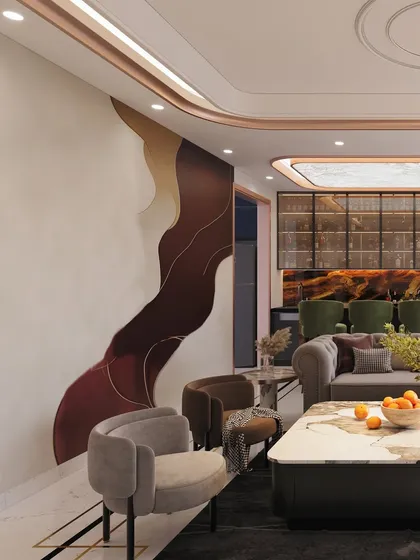 Another perspective of the living room with the abstract wall mural and home bar. The design uses a sophisticated color palette and curved furniture to create a cohesive and high-end look.
